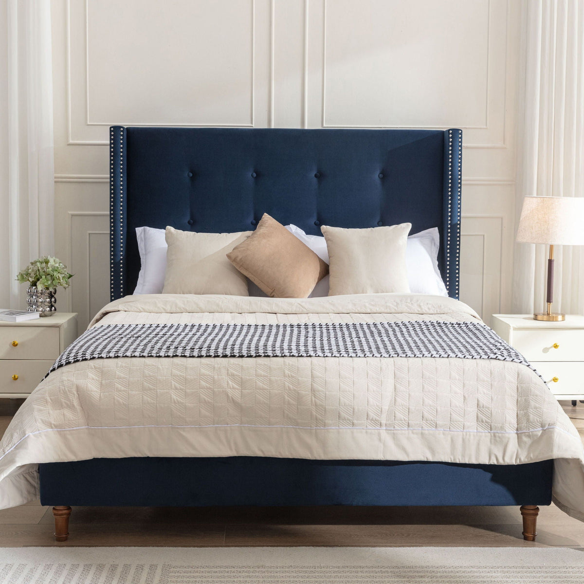 Upholstered Bed with 54" High Headboard and Hand Buttoned Tufting - White or Blue