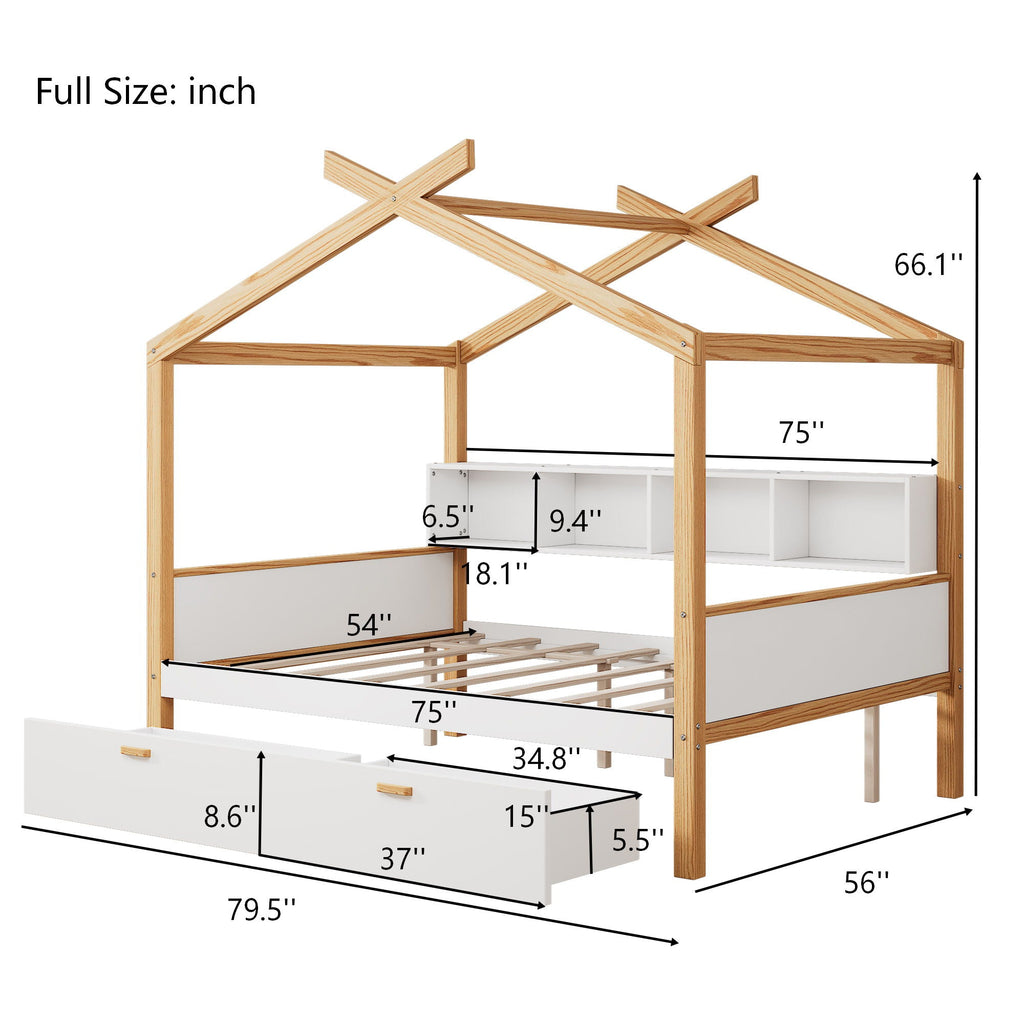 House Bed With Bookshelf Storage and Integrated Shelves - White