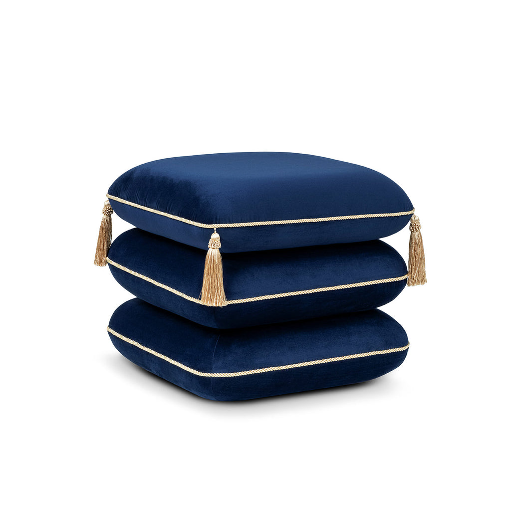 Squared Velvet Ottoman with Bullion Fringe - Green