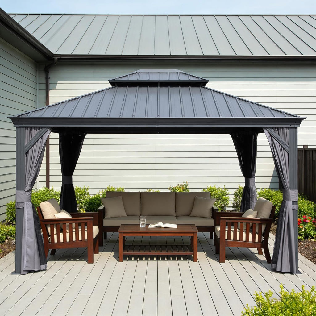 11x13FT Outdoor Gazebo with Galvanized Steel Double Roof - Gray or Brown
