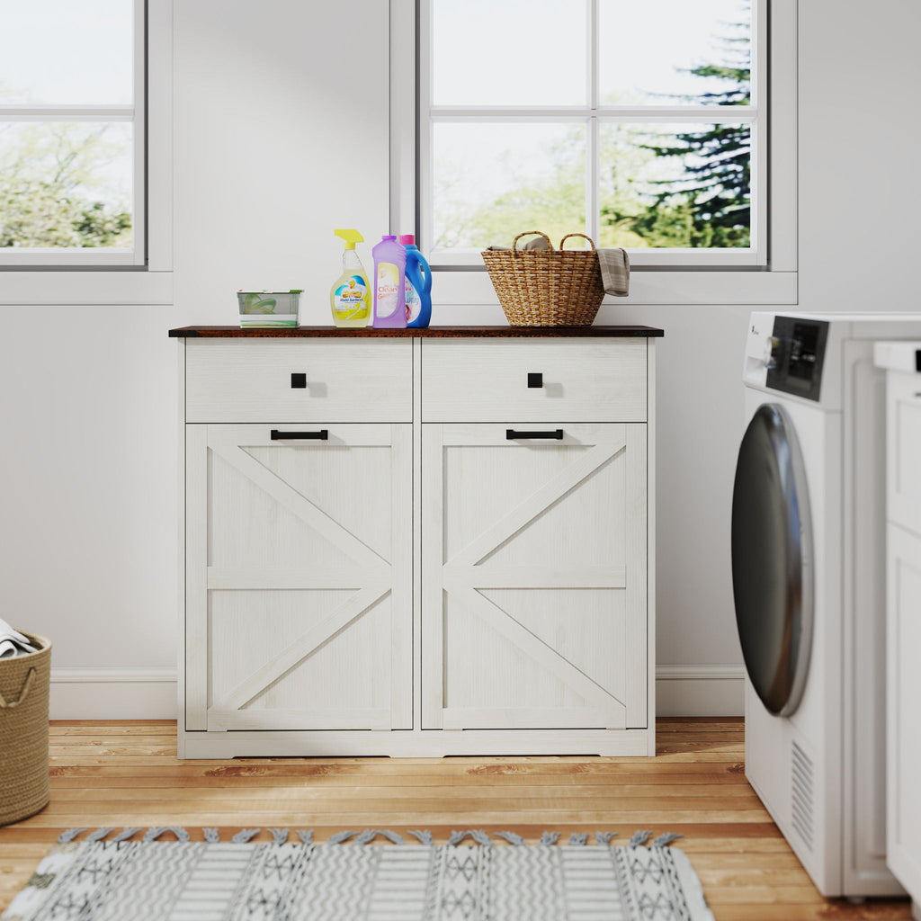 Double Tilt Out Trash Cabinet with Hideaway Drawer - Barn Door Style