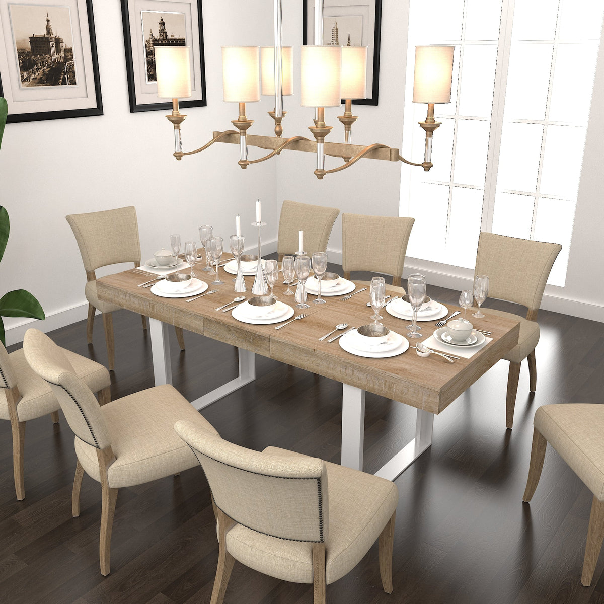 Extendable Dining Room Table with Retractable Design - Oak Grain/White