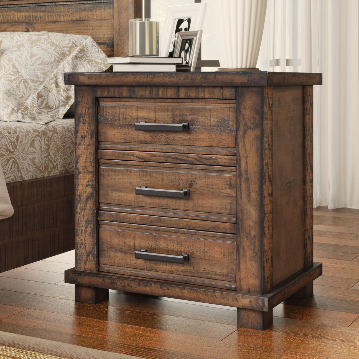 Dark Brown 3 Drawer Nightstand with Antique-Inspired Details - Dark Brown
