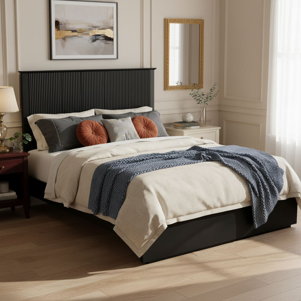 King Size Bed Frame with Vertical Slat Headboard - Black or White