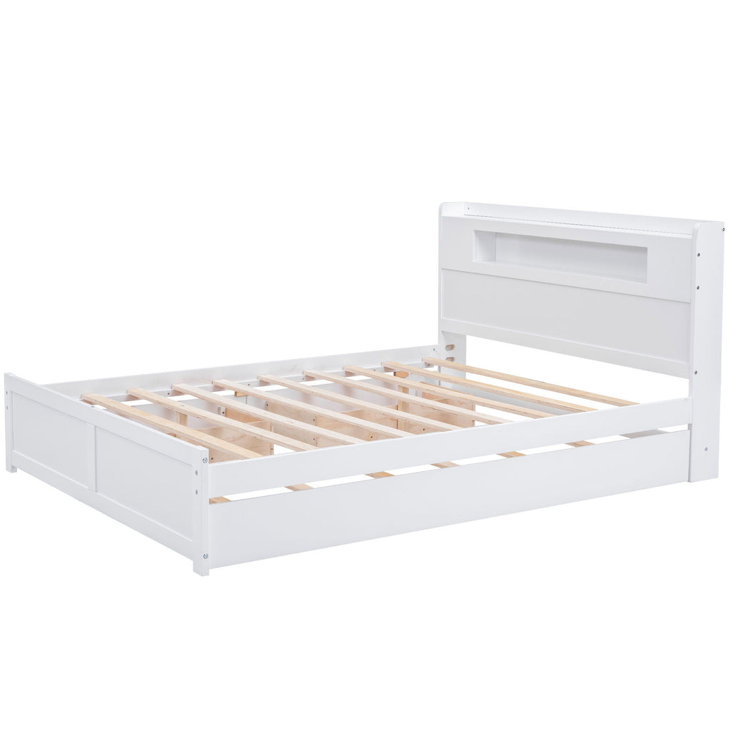 Storage Platform Bed with LED Lights, 2 Drawers and Trundle - Queen
