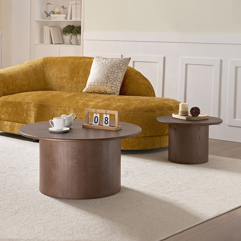 Modern MDF Round Coffee Table Set of 2 - Walnut Finish