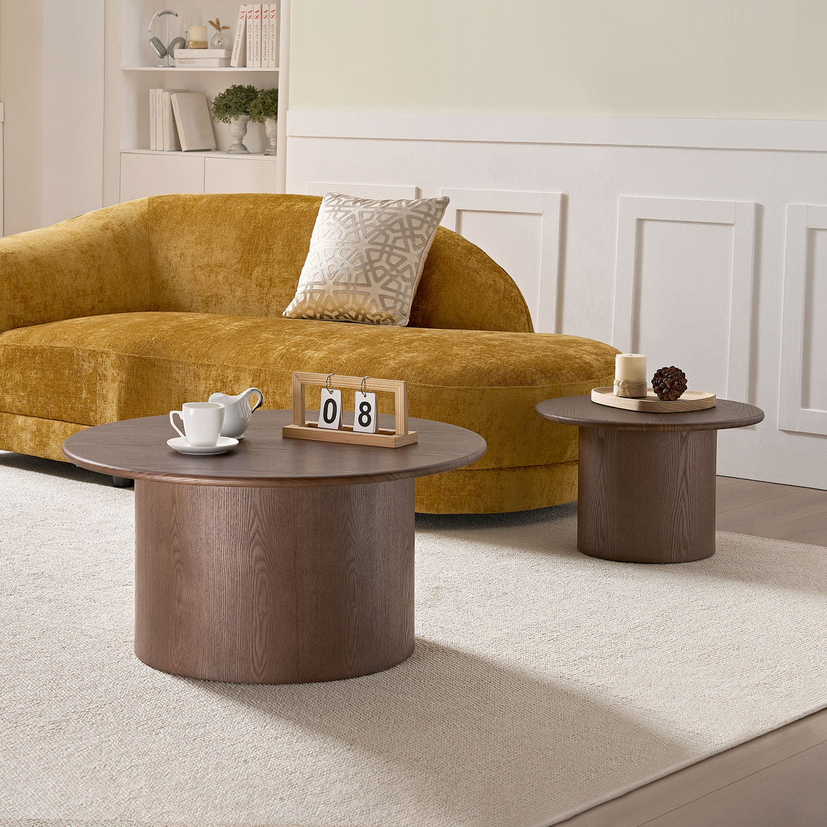 Modern MDF Round Coffee Table Set of 2 - Walnut Finish