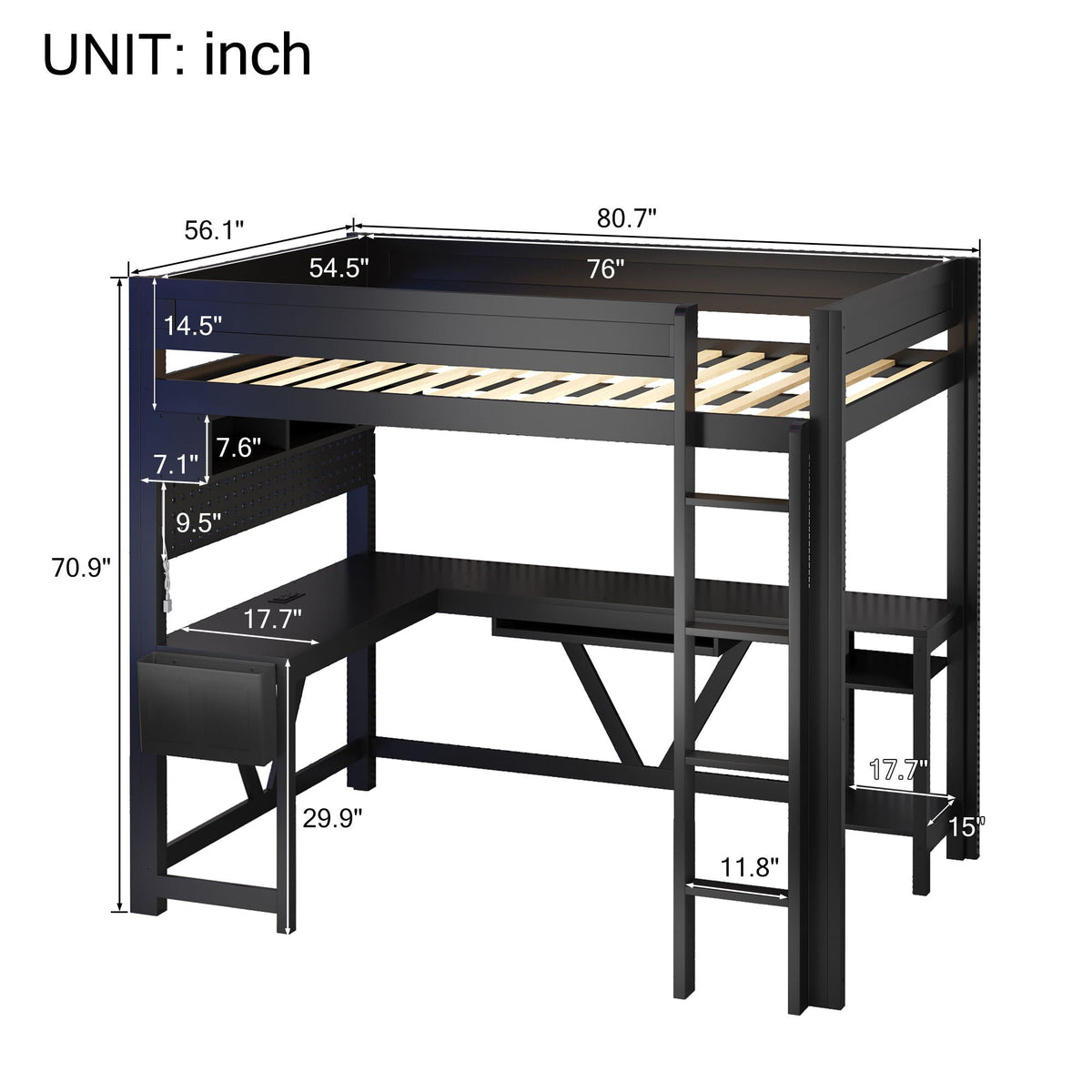 Gaming Loft Bed With Desk, Storage Shelves, LED and Charging Station - Full