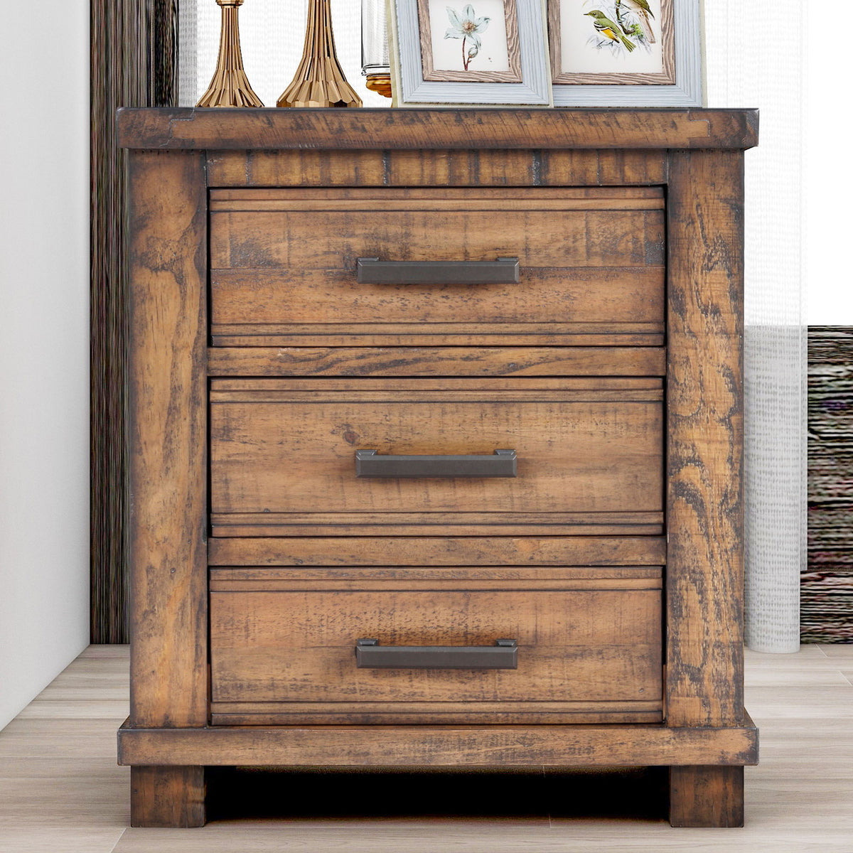 Dark Brown 3 Drawer Nightstand with Antique-Inspired Details - Dark Brown