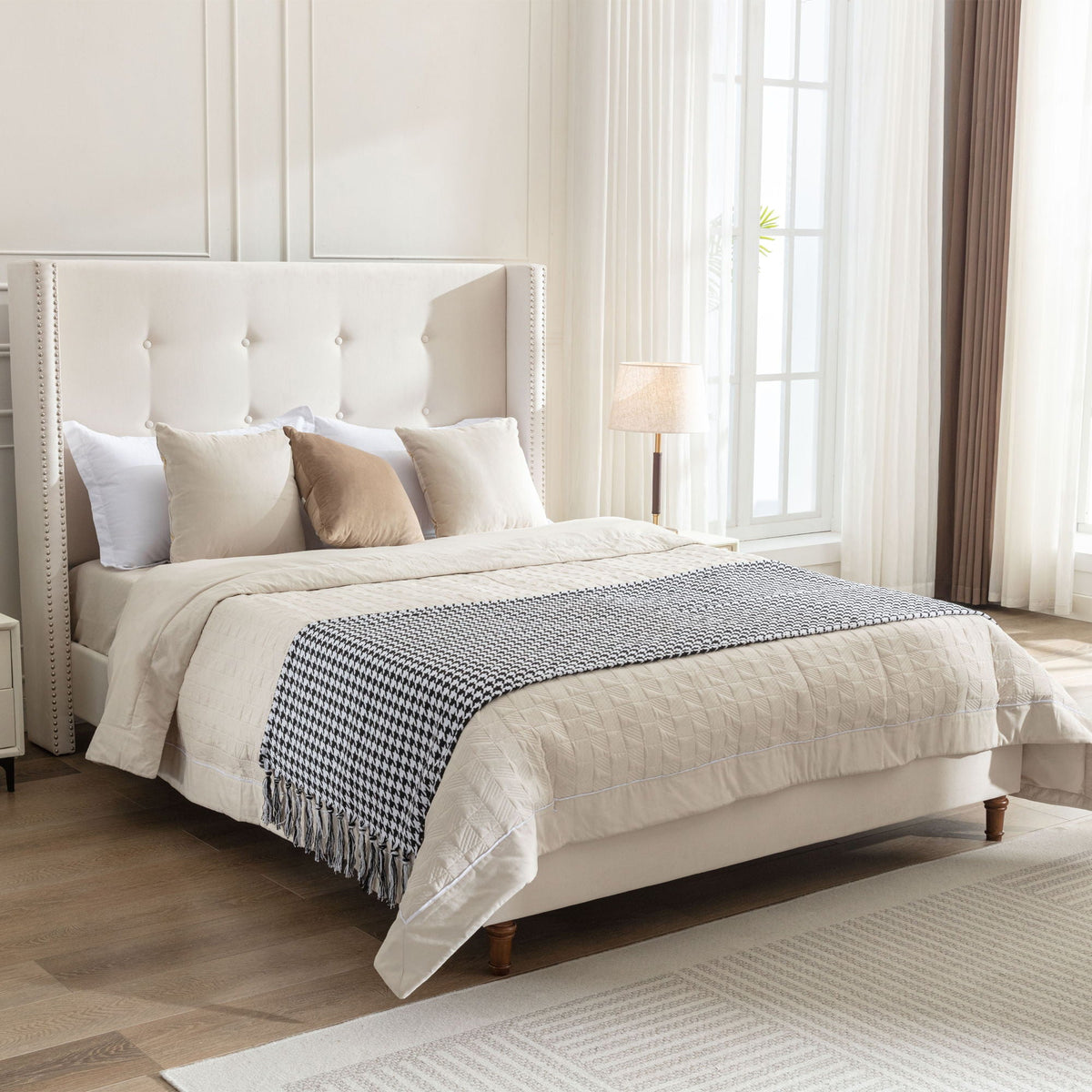 Upholstered Bed with 54" High Headboard and Hand Buttoned Tufting - White or Blue