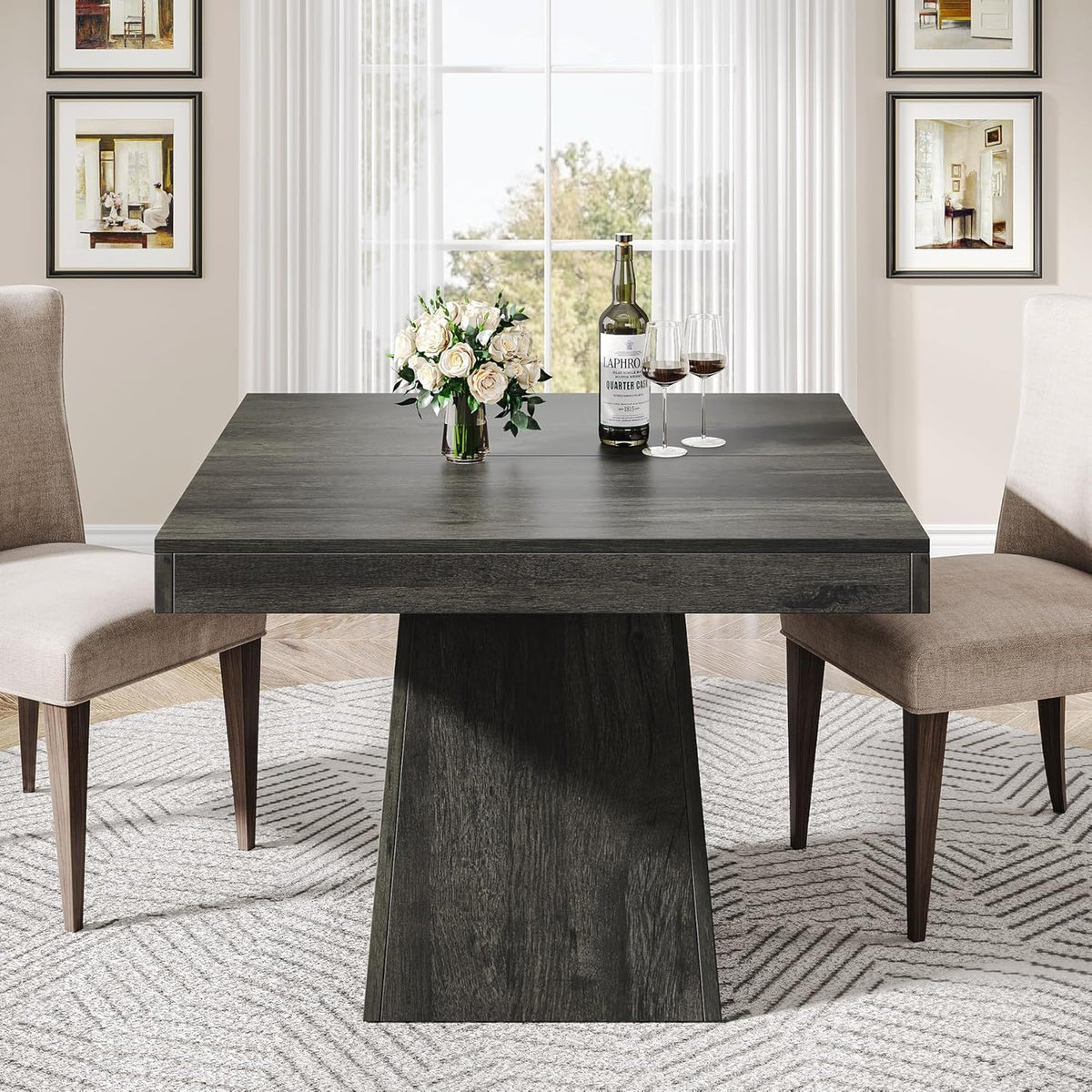 Square Dining Table for 4 with Thick Grain Top and Sturdy Pedestal Base - Gray