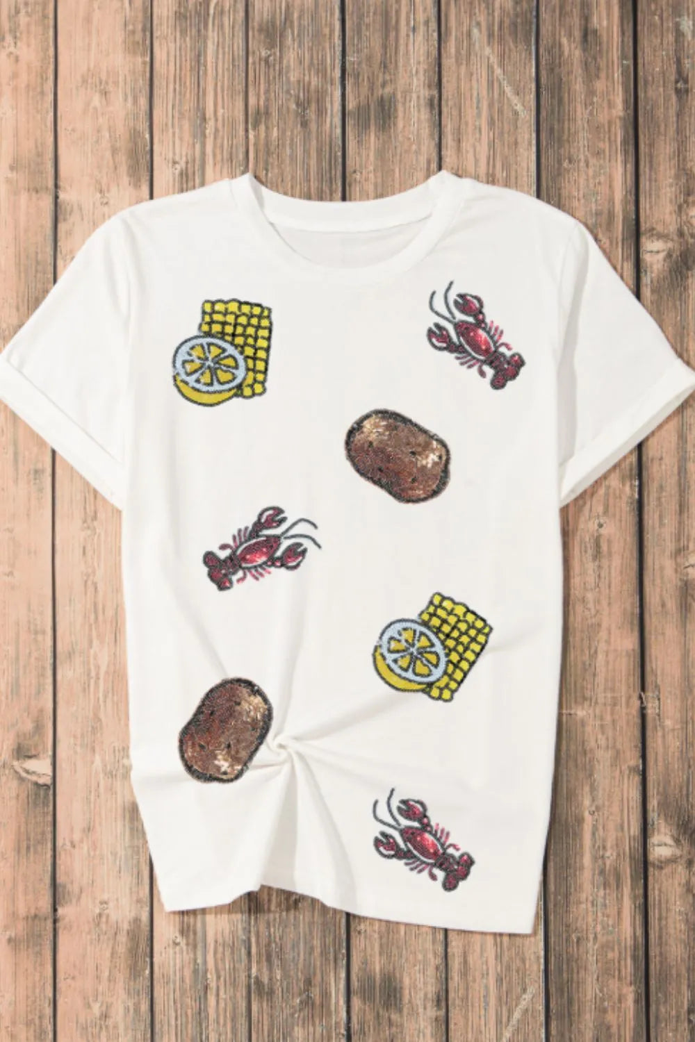 Sequin Crawfish Potato Round Neck Short Sleeve T-Shirt