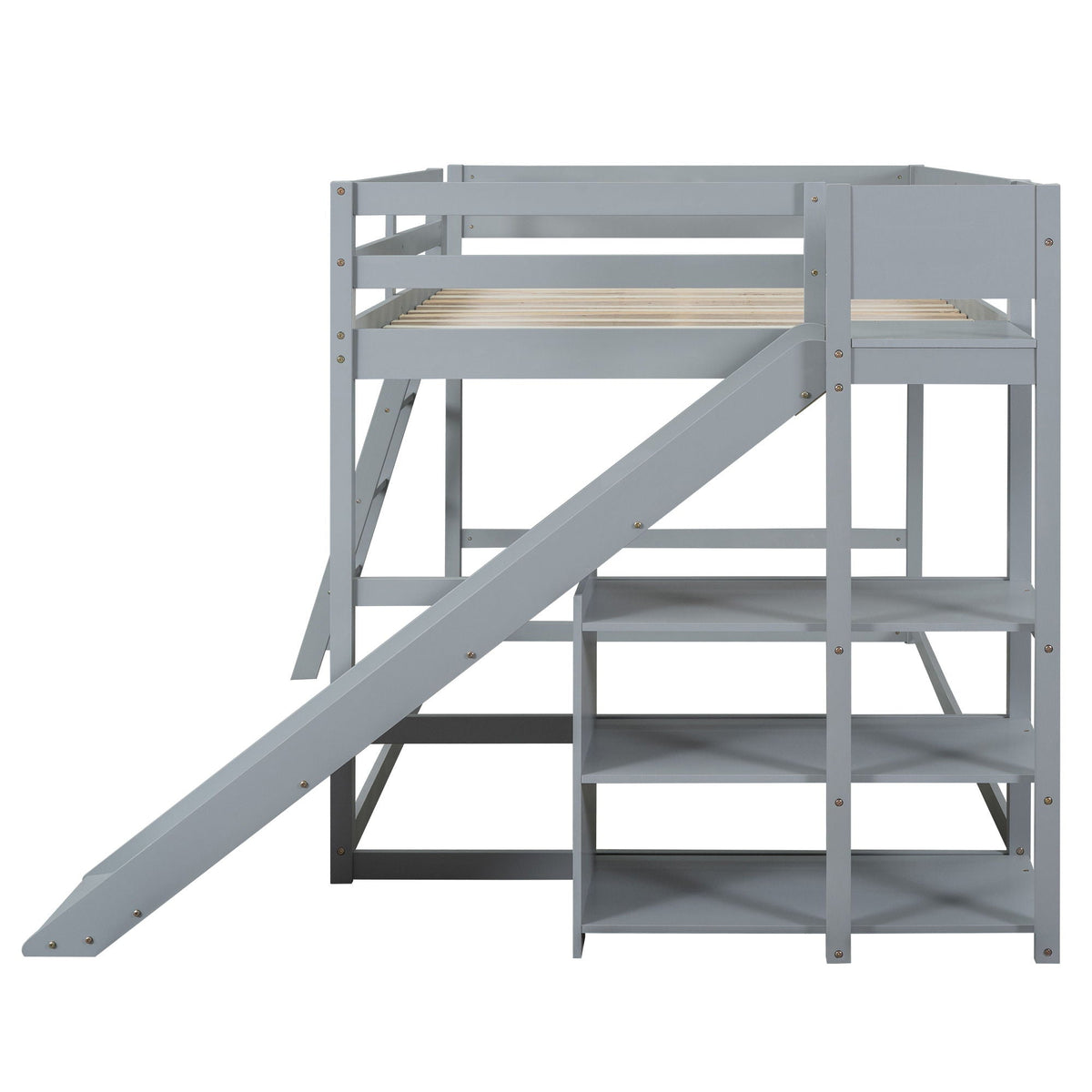 Bunk Bed With Ladder, Slide, and Shelves - Pine Wood, Full Over Full