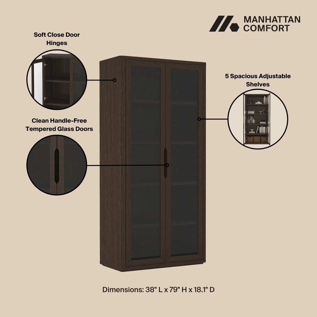 Bookcase Cabinet with Glass Doors and Adjustable Shelves - Light Brown, Dark Brown, Black