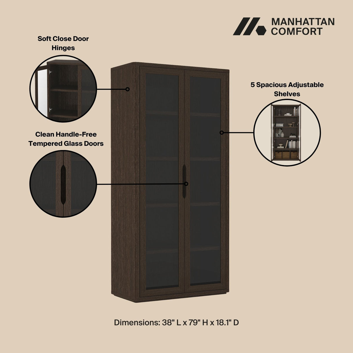 Bookcase Cabinet with Glass Doors and Adjustable Shelves - Light Brown, Dark Brown, Black