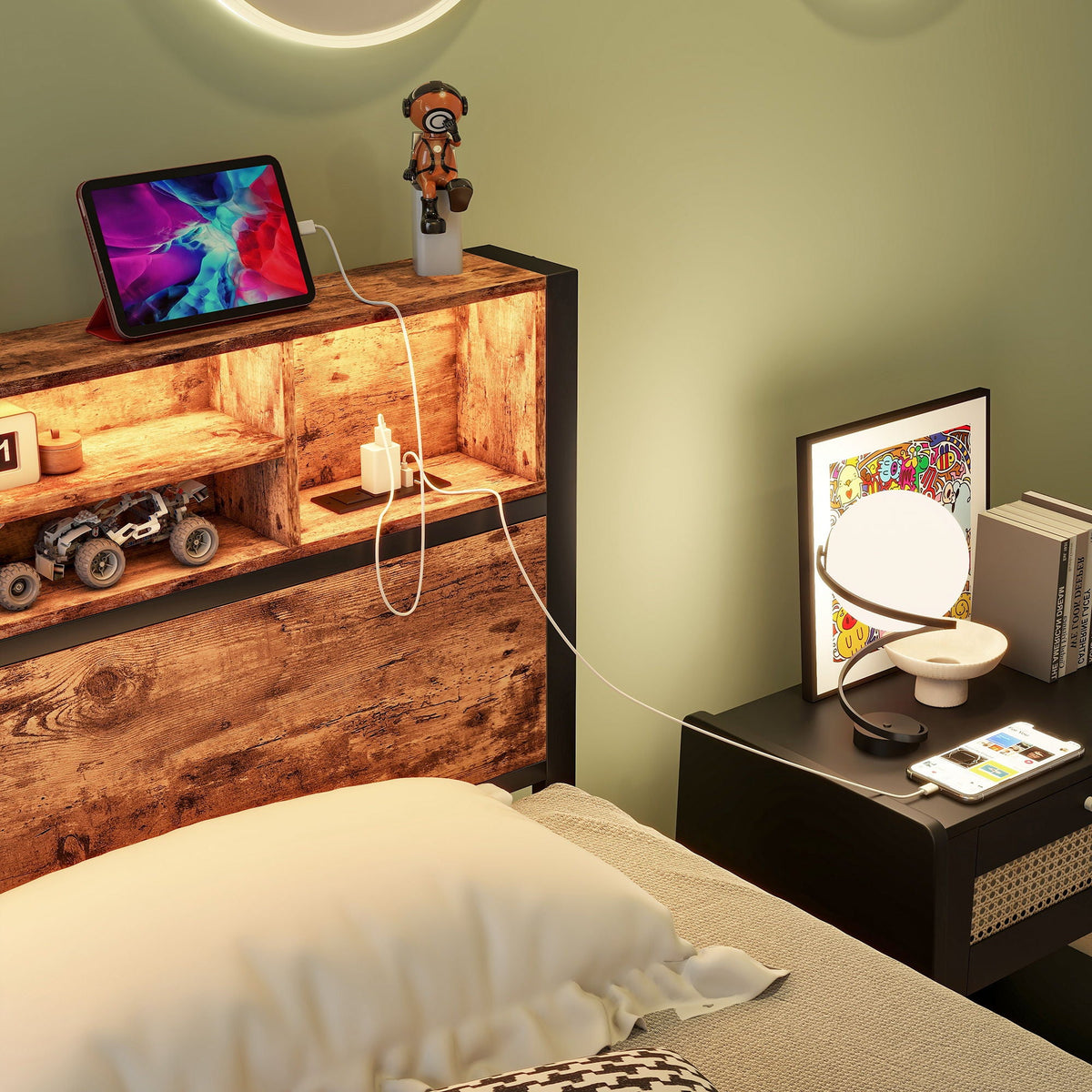 Modern Twin Size Metal Platform Bed Frame with Storage Headboard & Charging Station - Brown