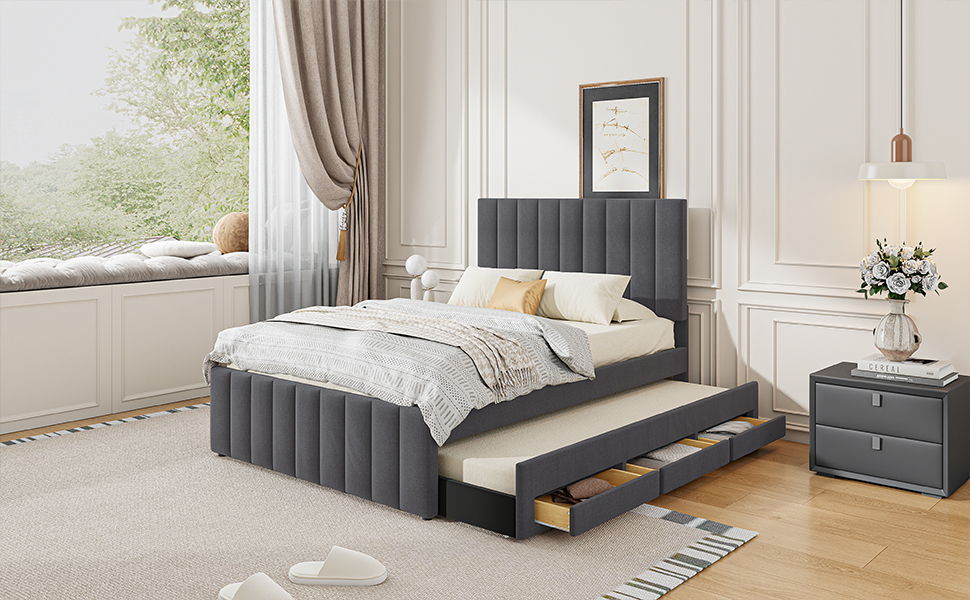 Upholstered Platform Bed with Twin Size Trundle and 3 Drawers - Beige, Full