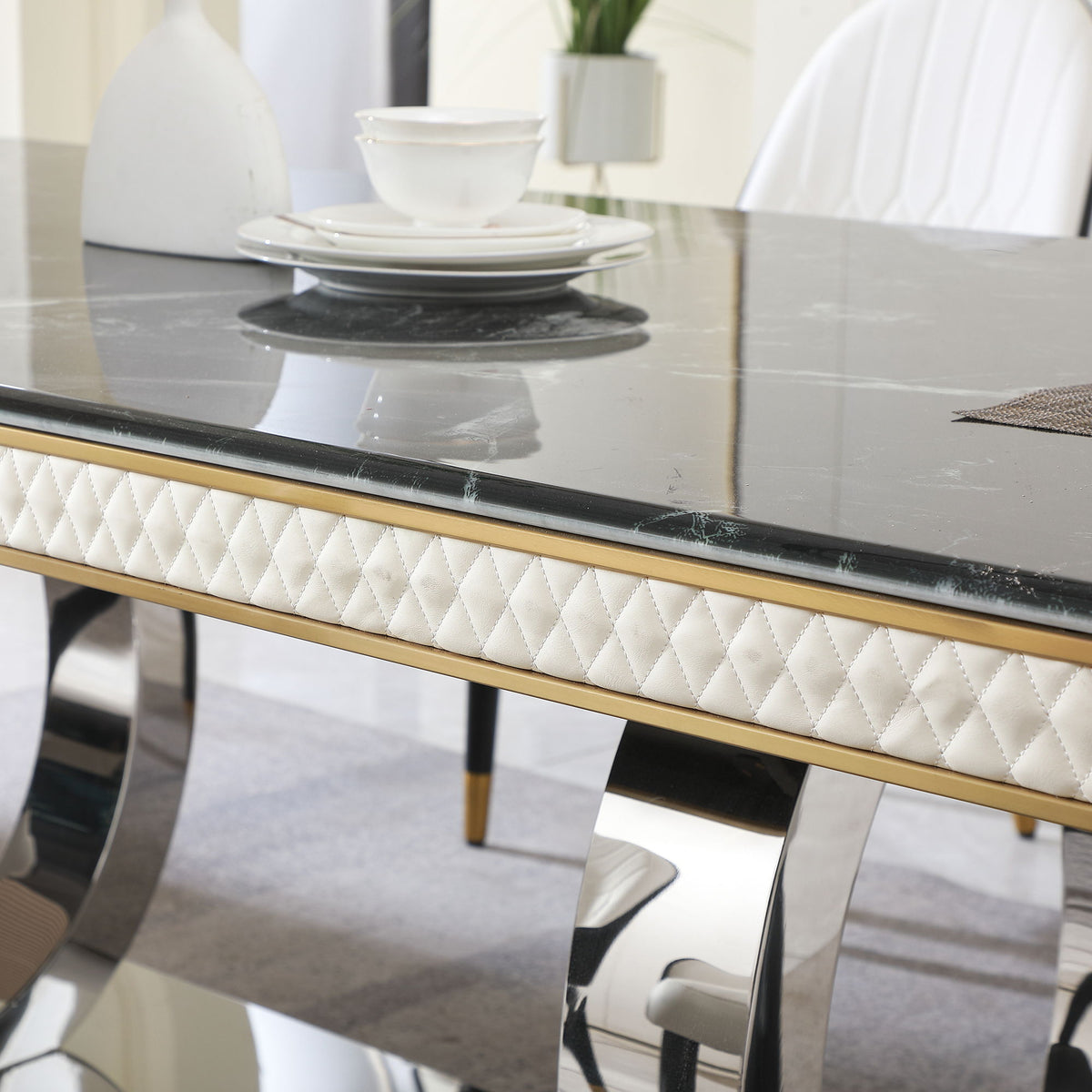 Luxury Modern Dining Table With Faux Marble Top and Dual Circle Base - Black
