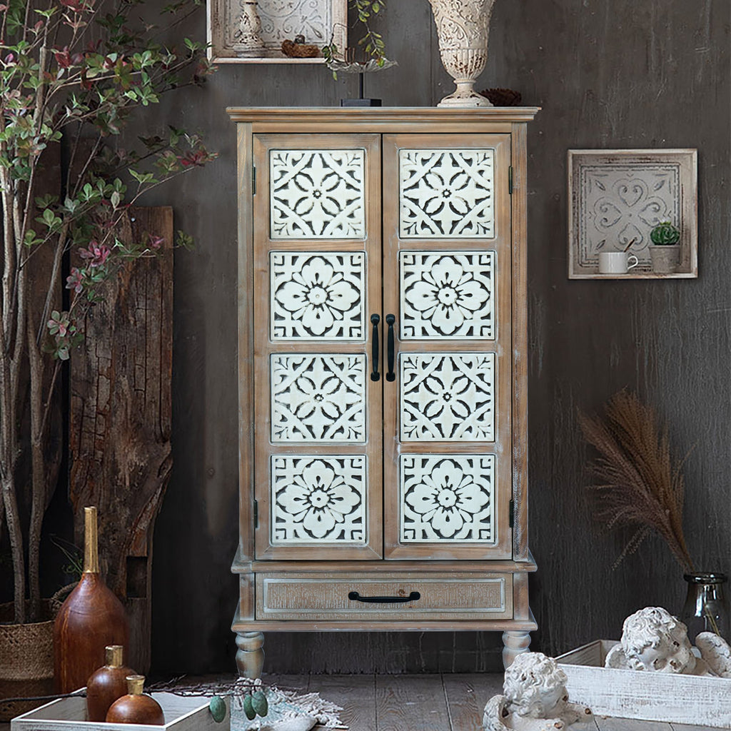 Tall Tower Storage Cabinet with Enclosed Compartments - Rustic Wood