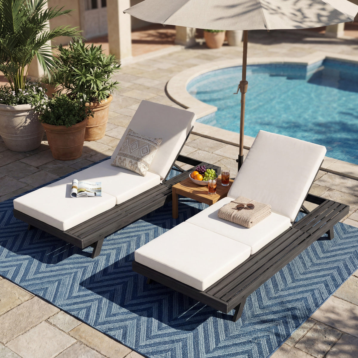 Acacia Solid Wood Lounge Chaise Set with Water-Resistant Cushion - Black