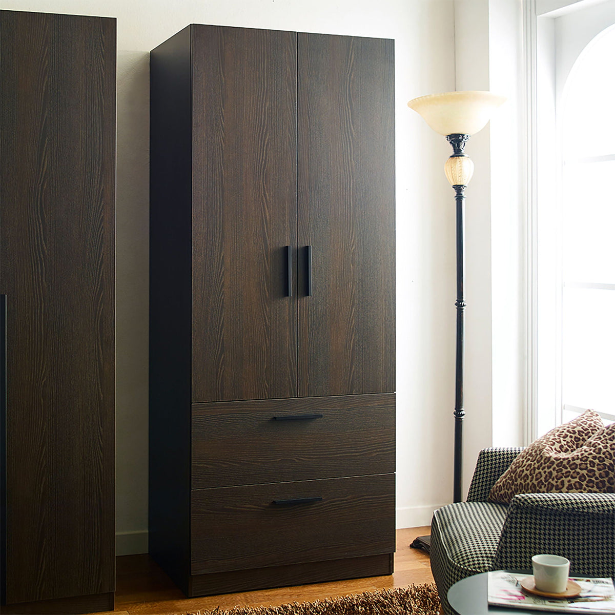 2 Door Closet Wardrobe with Drawers and Hanging Bars - Dark Brown