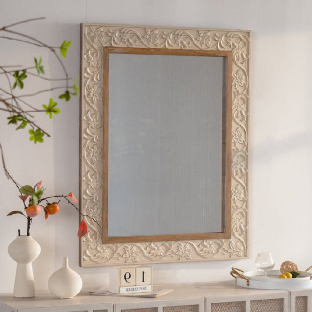 Vintage Carved Pattern Rectangular Wall Mirror with Ornate Frame - Natural
