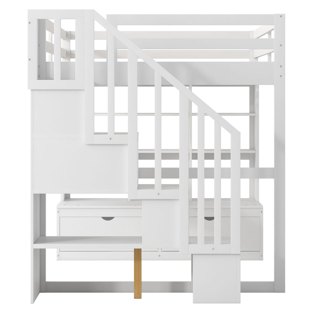 Full Size Loft Bed with Desk, Drawers & Storage Staircase - White