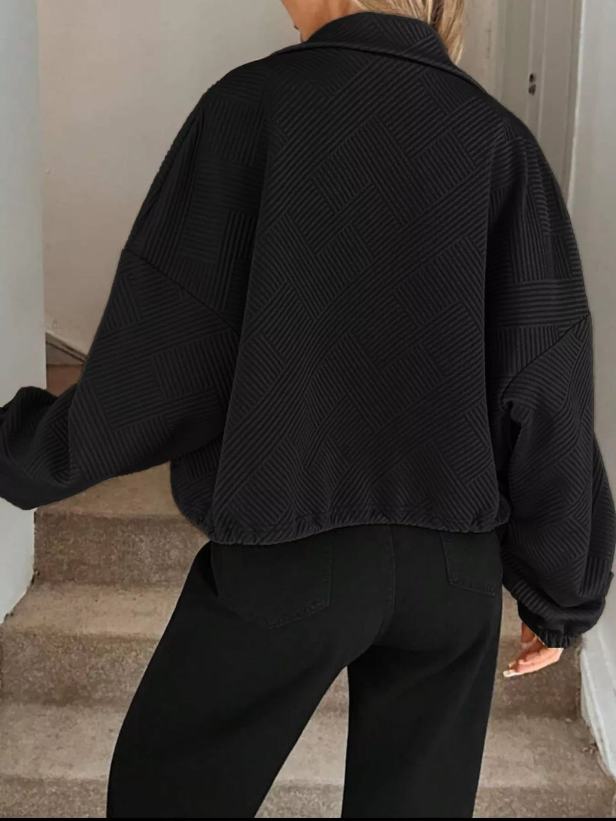 Textured Zip-Up Drawstring Hem Jacket