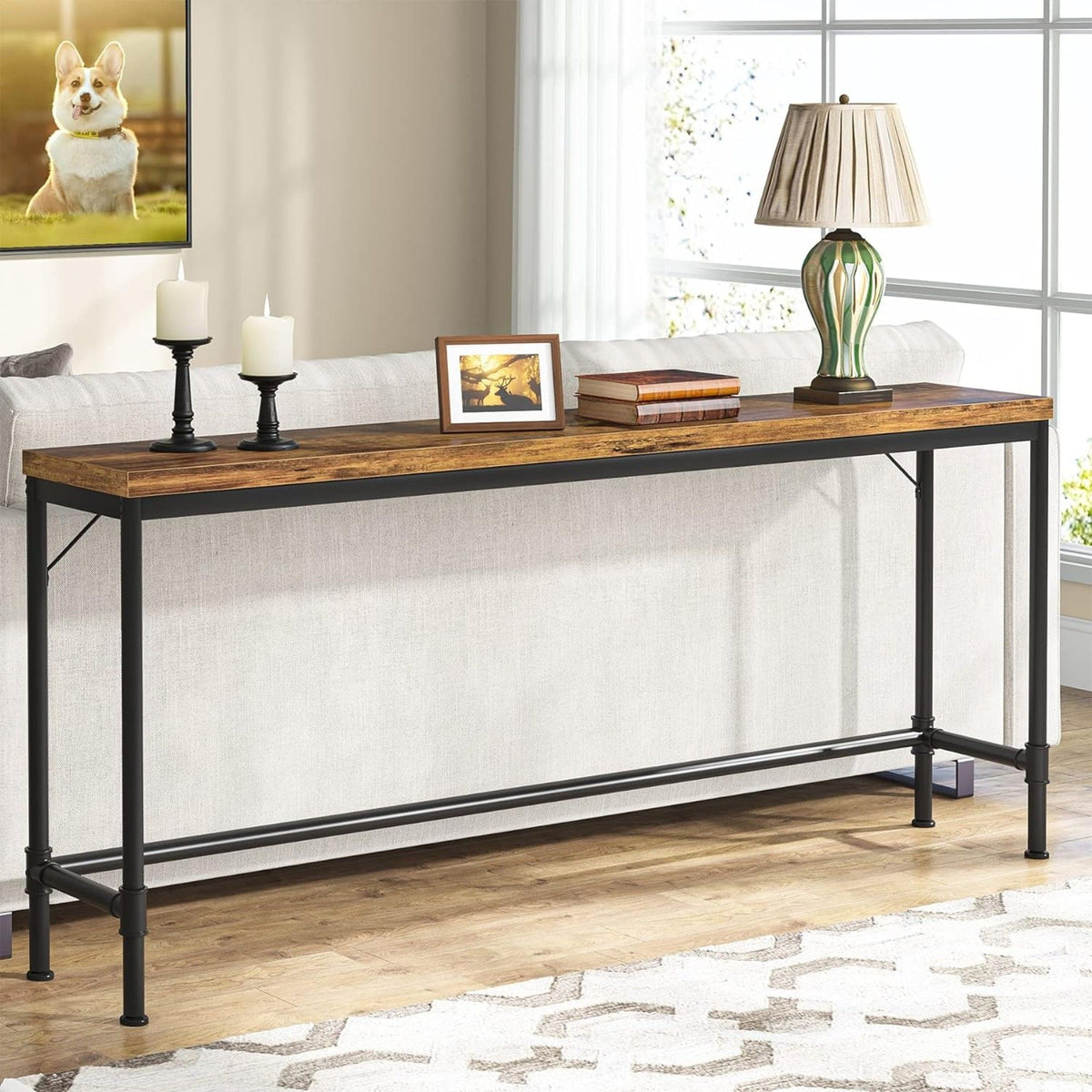 Extra Long Console Table with Industrial Bar-Height - Brown / Black