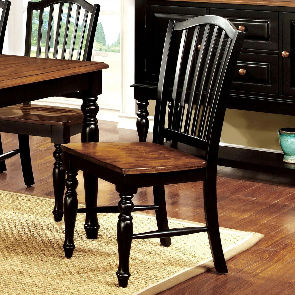 Solid Wood Dining Side Chairs with Classic Design - Black and Oak (Set of 2)