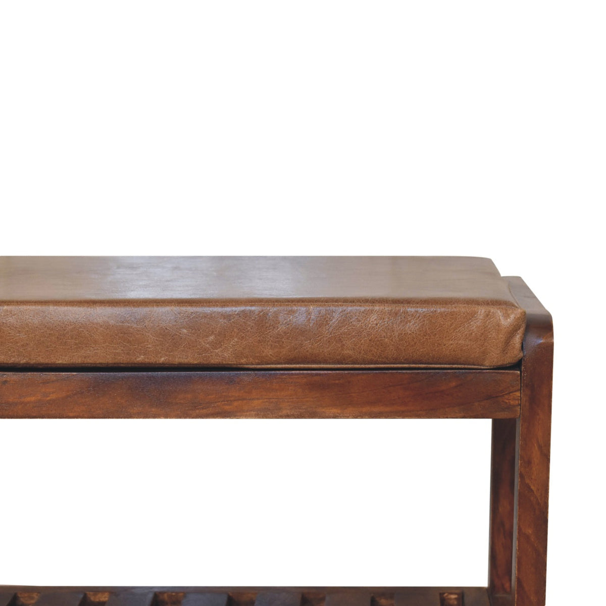 Solid Wood Slatted Bench with Leather Upholstery and Open Storage - Chestnut