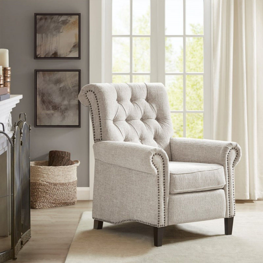 Cream Push Back Recliner Chair with Tufted Back and Nailhead Trim