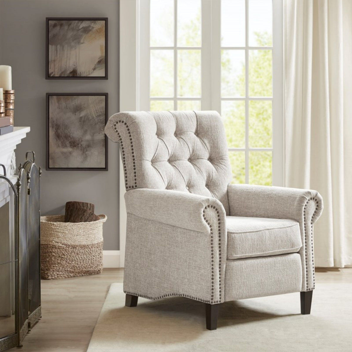Cream Push Back Recliner Chair with Tufted Back and Nailhead Trim