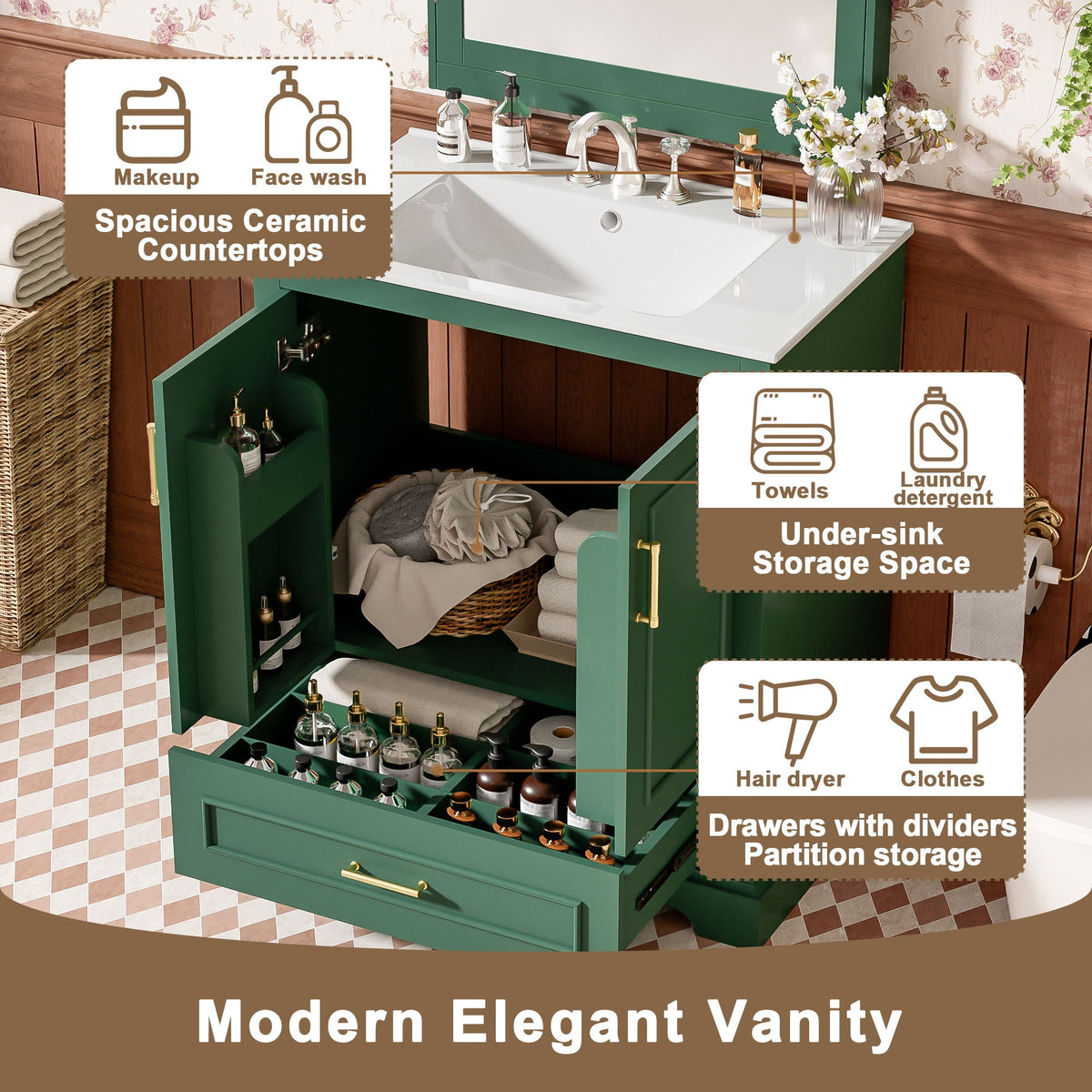 Bathroom Vanity with Sink and Soft Close Doors - White, Black, Green, or Gray