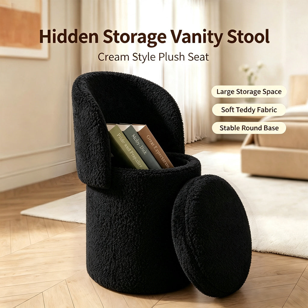 Upholstered Makeup Stool with Storage and Foldable Backrest - Velvet