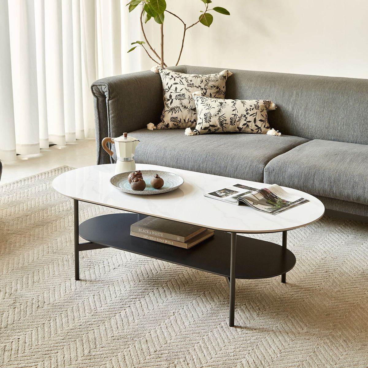 Contemporary Coffee Table with Sintered Stone Surface and Double Layer - White / Gray