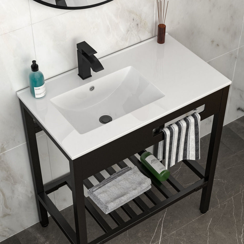 Console Sink with Durable Porcelain and Black Steel Legs - White