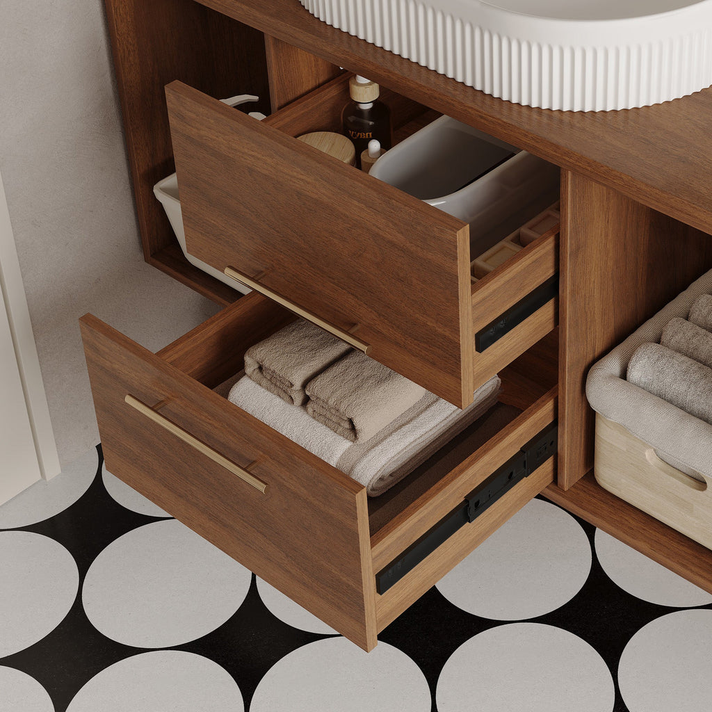 Wall-Mounted Bathroom Vanity with Ceramic Sink - Solid Wood, Floating Design