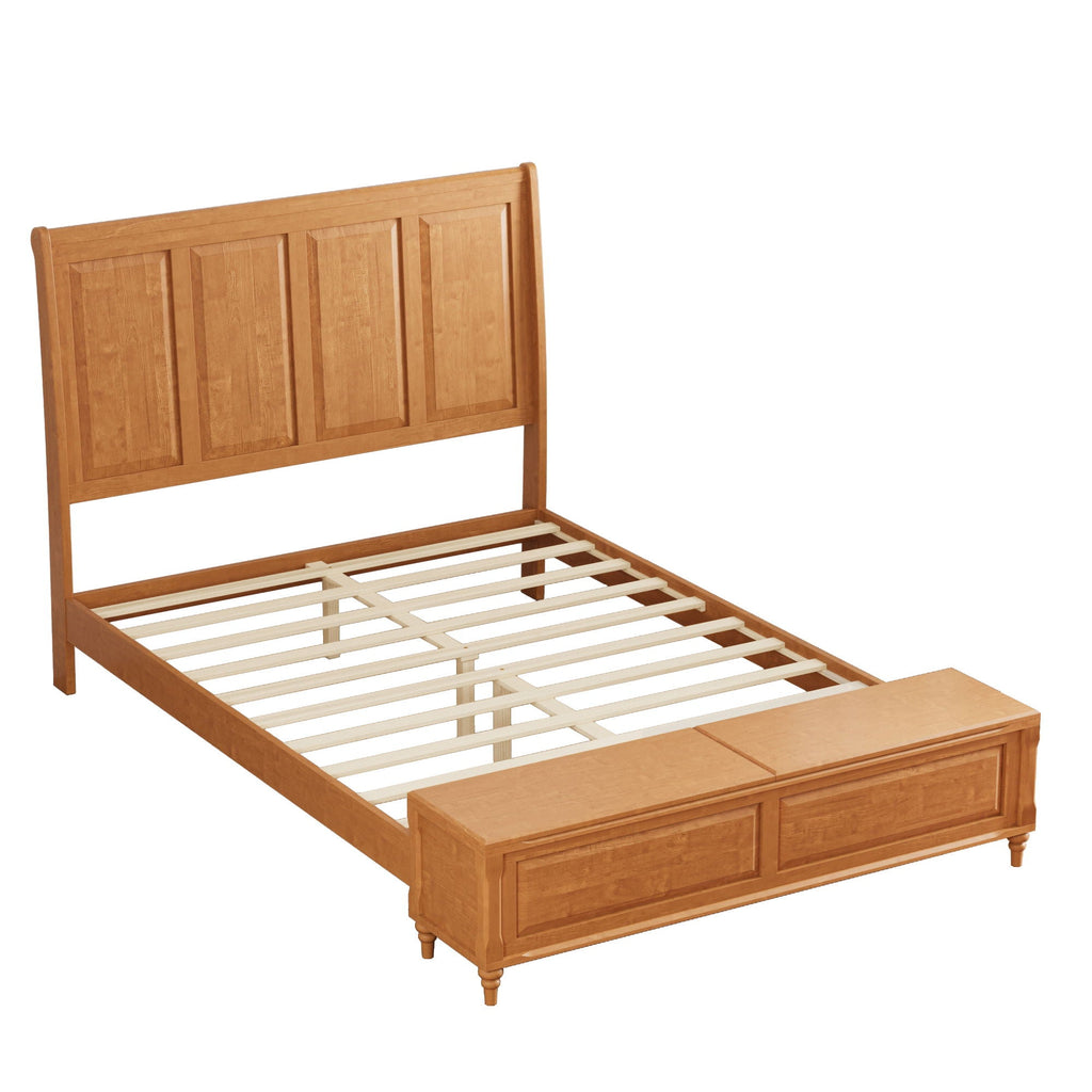 Sleigh Bed Frame with Tall Headboard and Storage Bench - Dark or Light Brown