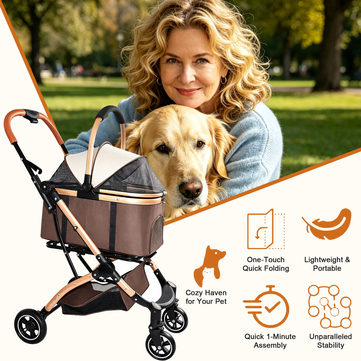 2-in-1 Foldable Pet Stroller with Sun Canopy - Khaki & Gold