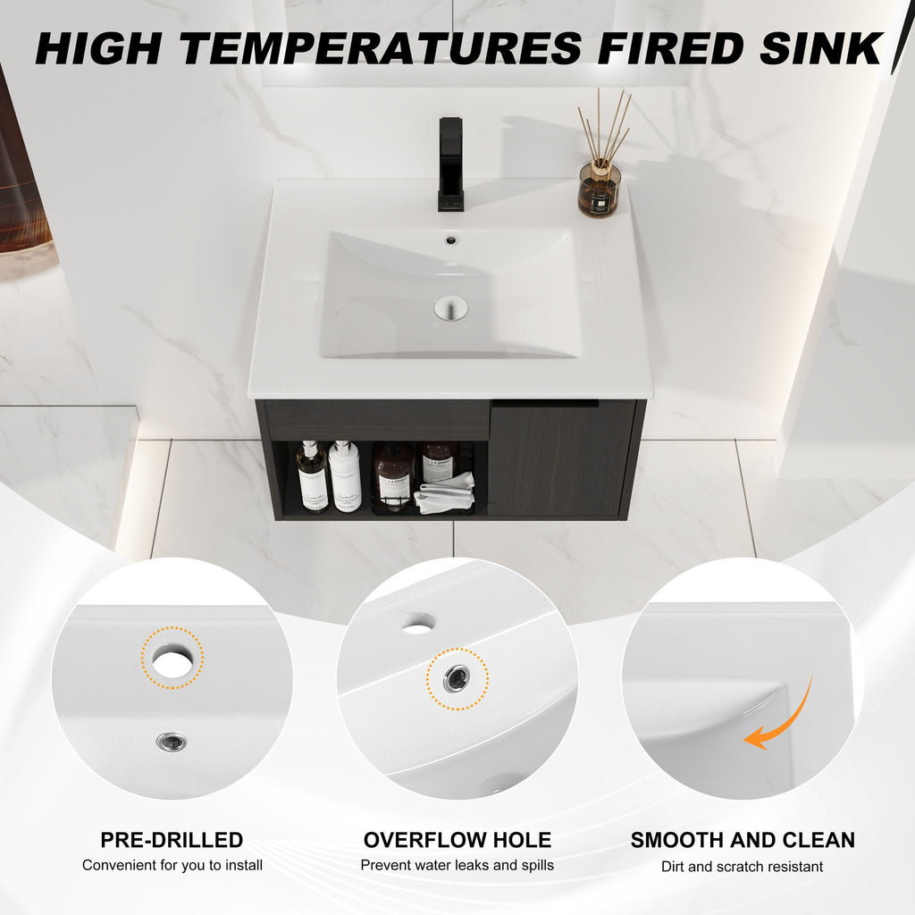Wall Mounted Floating Bathroom Vanity with Open Shelf & Soft Close Door - Dark Brown