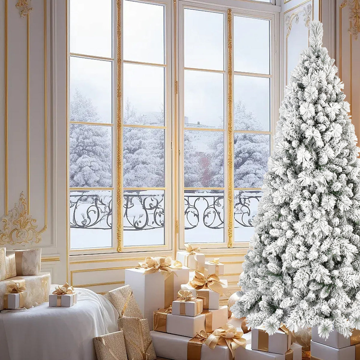 7FT Flocked Christmas Tree with Hinged Design - Snowy White
