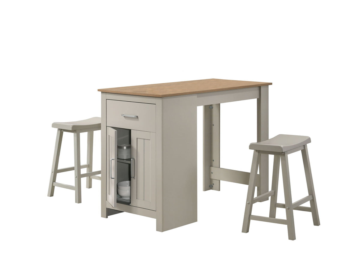 Small Space Counter Height Dining Table with Cabinet and 2 Stools - Gray or Light Brown