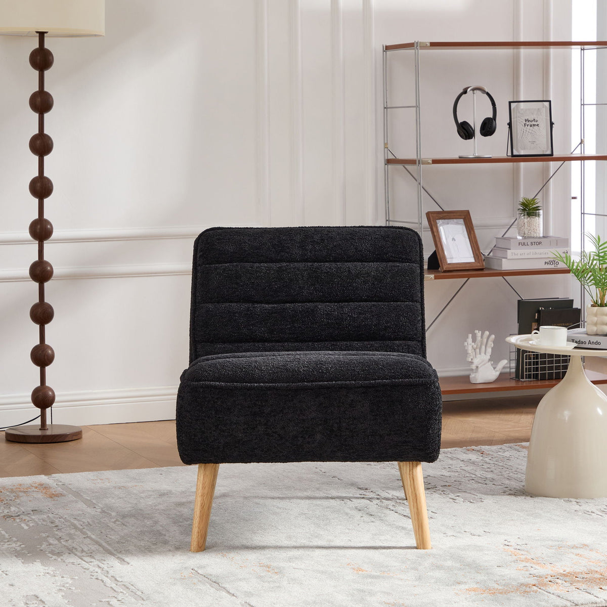 Black Upholstered Armless Accent Chair with Wood Legs