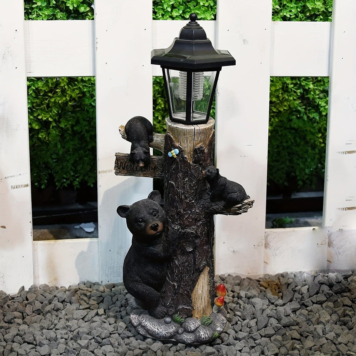 Black Bear Statue Welcome Sign with Solar Light - Black