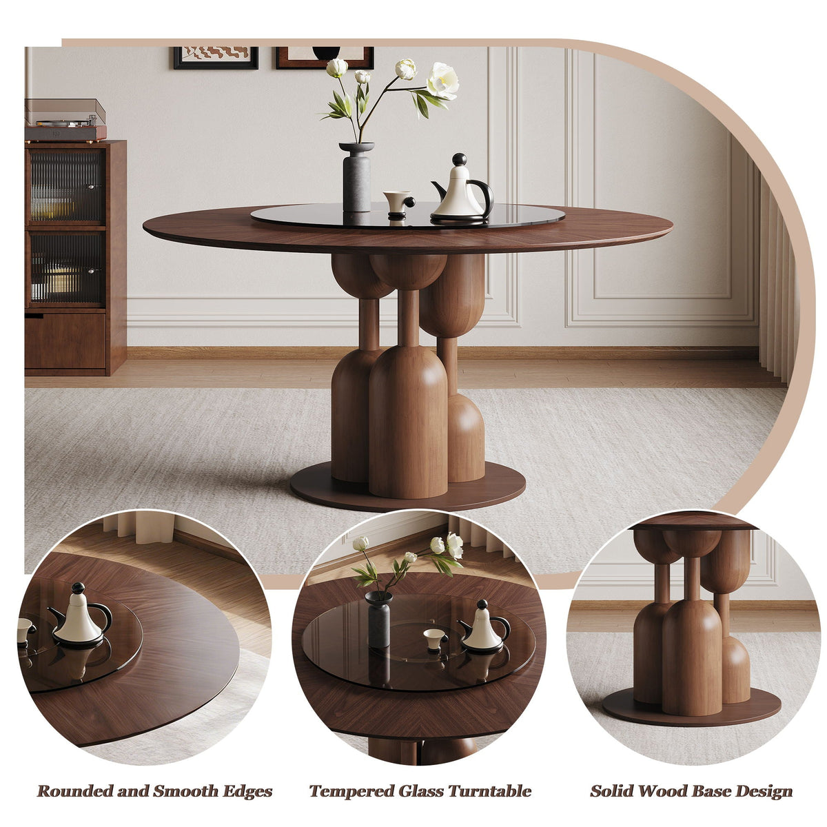 Round Dining Table With Lazy Susan For Living Room - Walnut