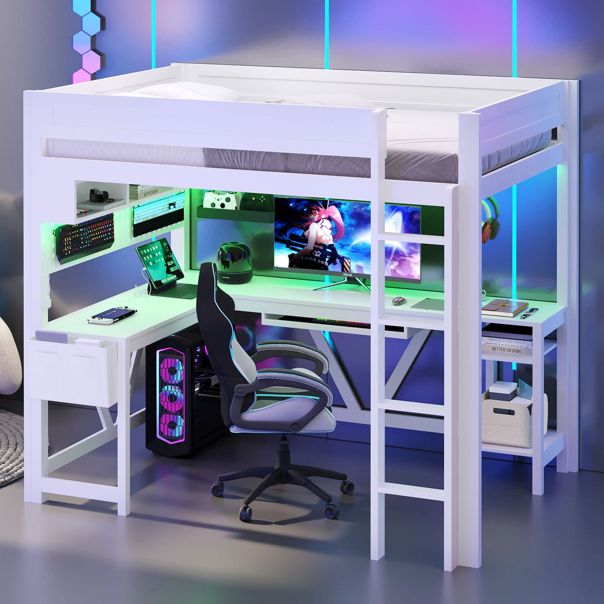 Gaming Loft Bed With Desk, Storage Shelves, LED and Charging Station - Full