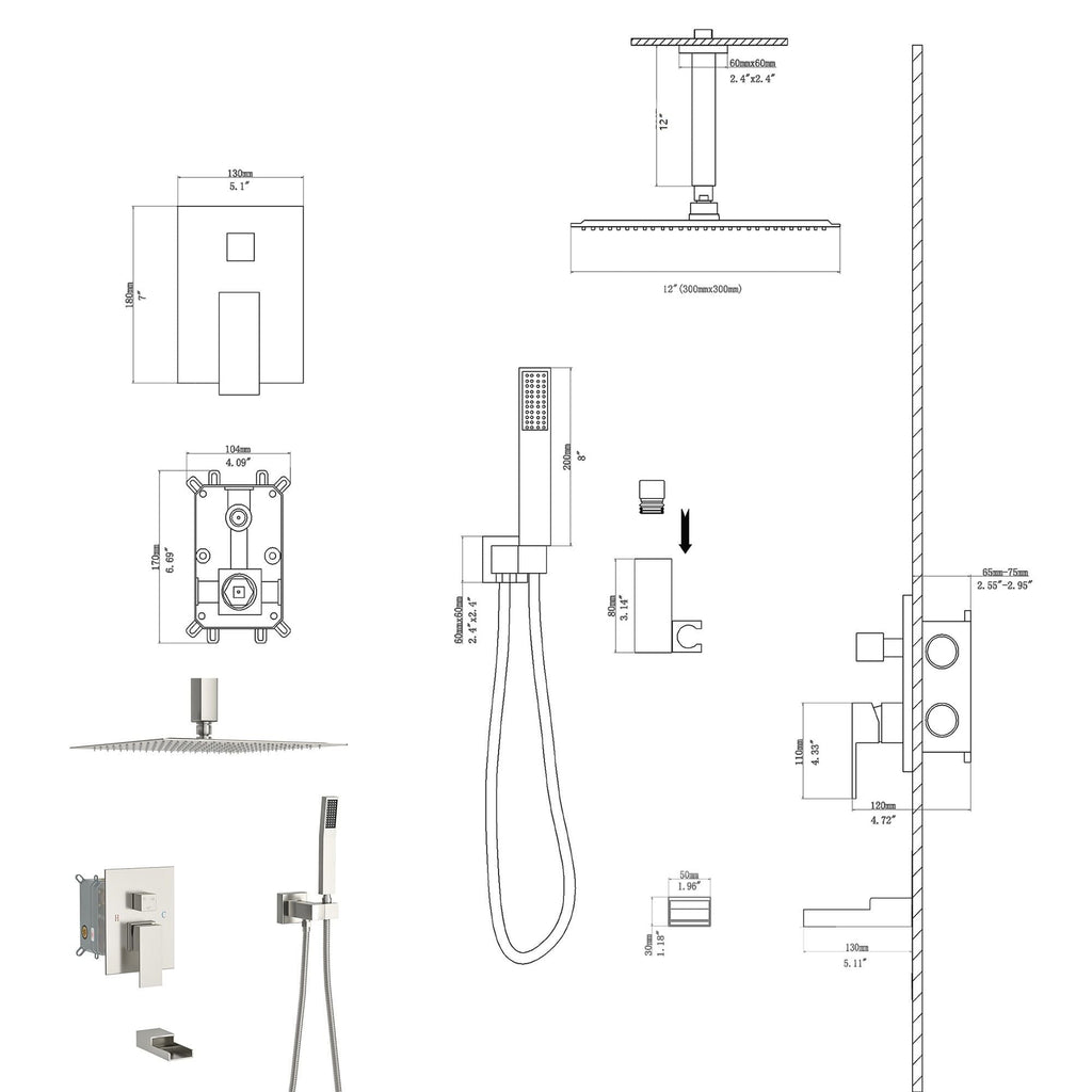 Modern Shower System with Waterfall Tub Spout - Black or Gray