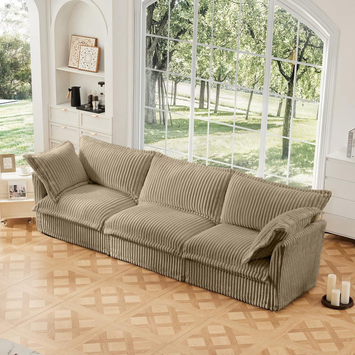 Modern 3 Seater Slipcovered Sofa with Deep Seats - Camel Corduroy