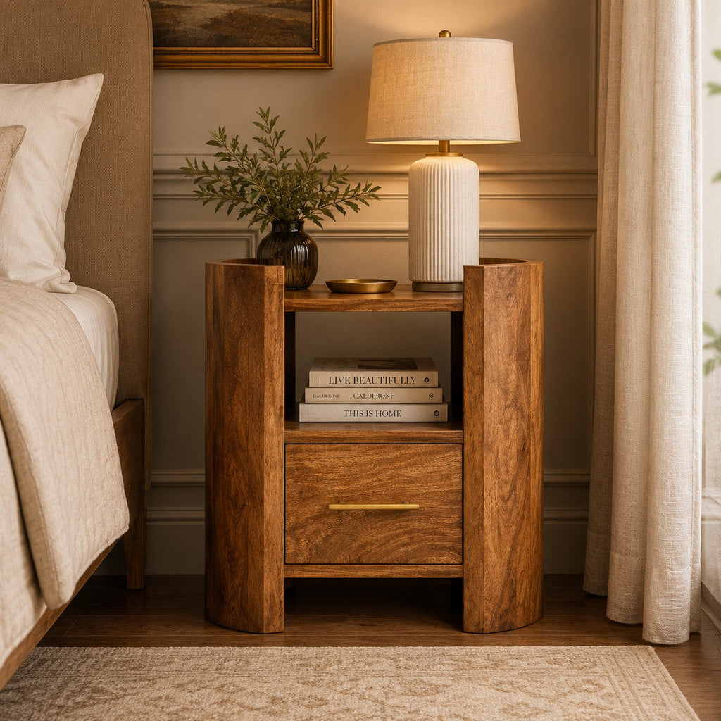 Solid Wood Valencia Sculpted Bedside Nightstand with Drawer - Golden Teak